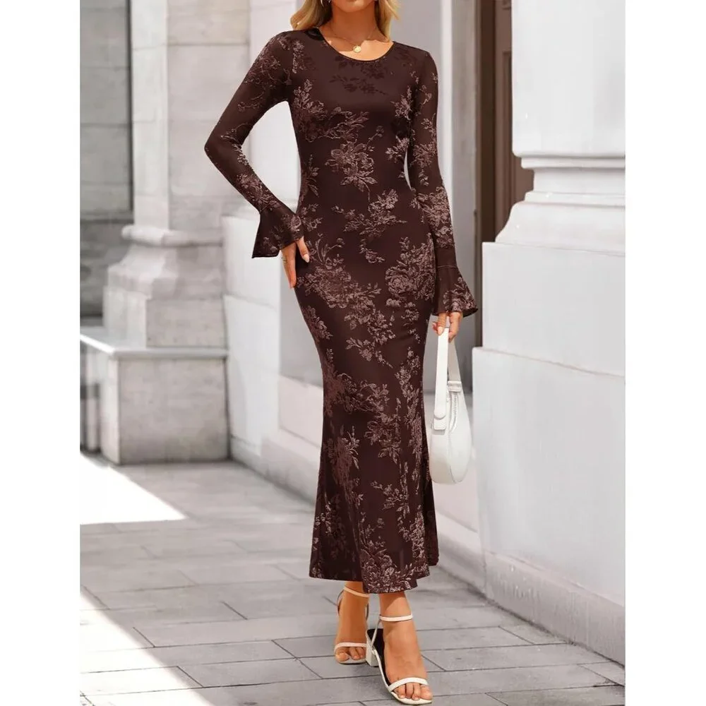 Women's Brown Long Sleeve Spring Fashion Bodycon Mesh Floral Maxi Dress
